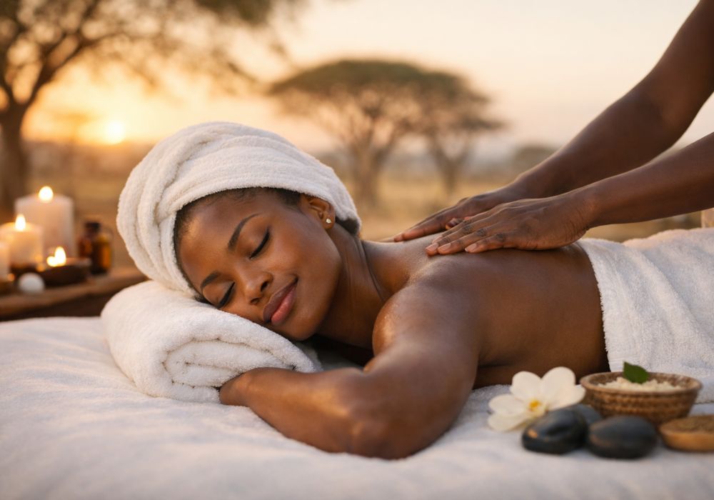 African woman relaxing during a massage treatment in a calm outdoor spa setting with warm lighting and natural elements.